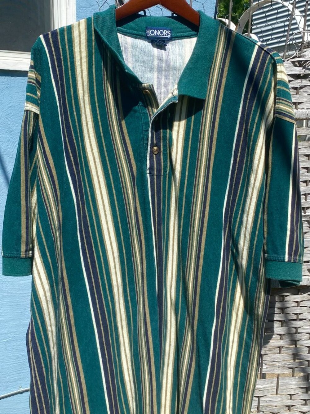 Vintage 1990s Honors Men's Vertical Striped Polo Shirt Forest Hunter Green Blue